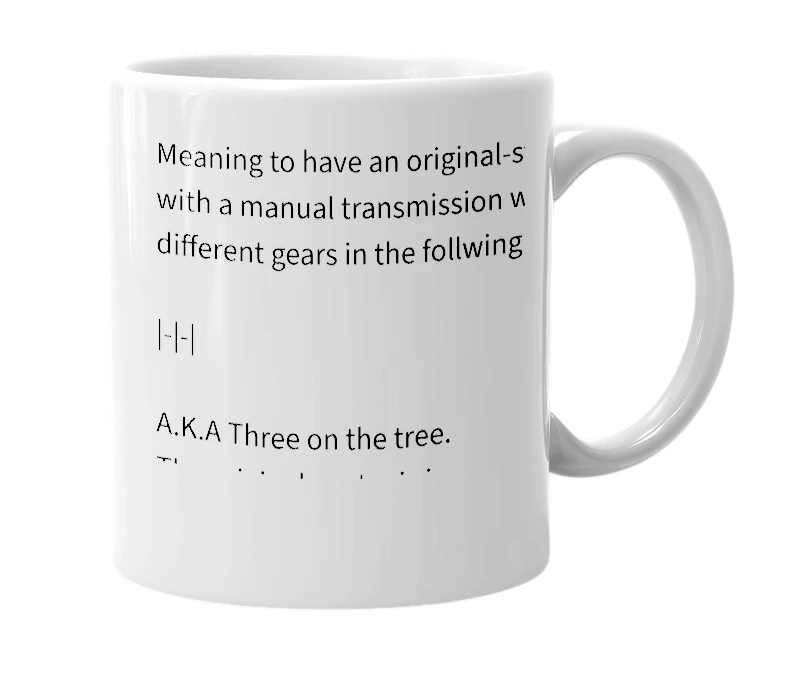 White mug with the definition of 'three on the tree'