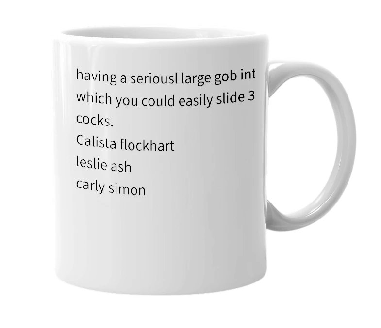 White mug with the definition of 'threecockmouth'