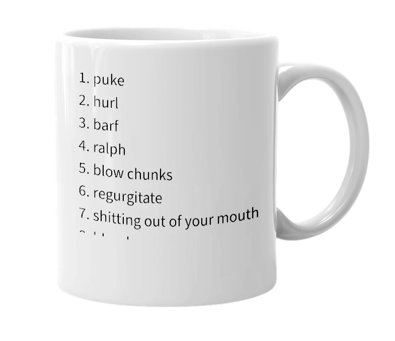 White mug with the definition of 'throw up'