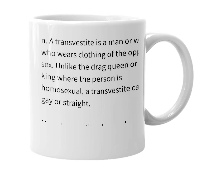 White mug with the definition of 'transvestite'
