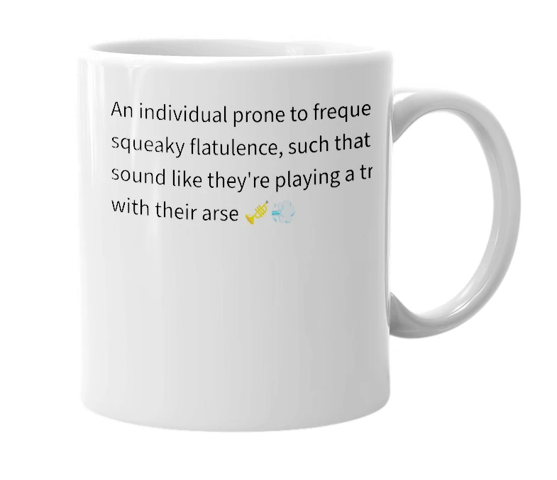 White mug with the definition of 'trumpet arse'