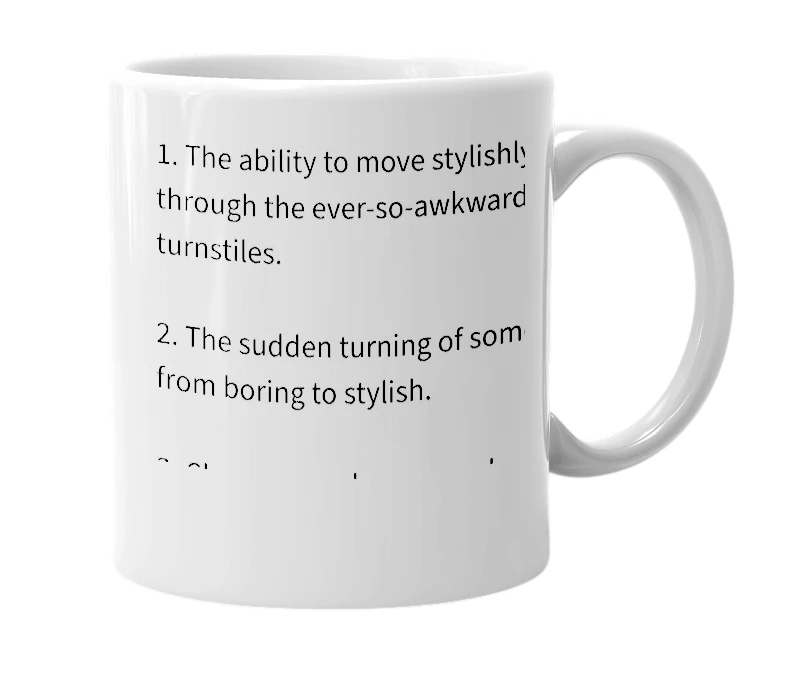 White mug with the definition of 'turnstilish'