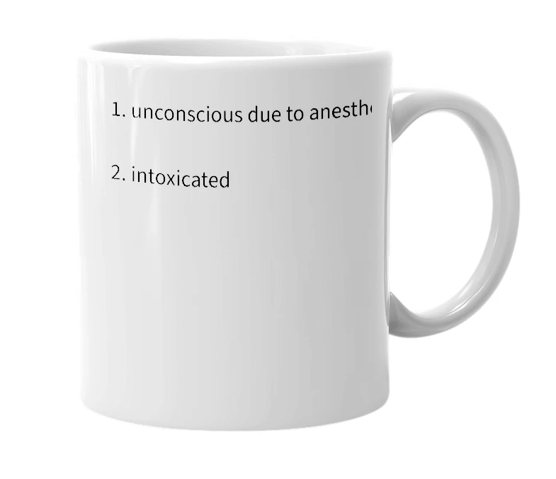 White mug with the definition of 'under'