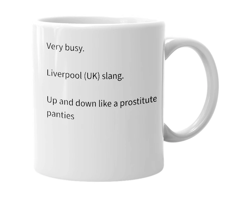 White mug with the definition of 'up and down like a pros drawers'