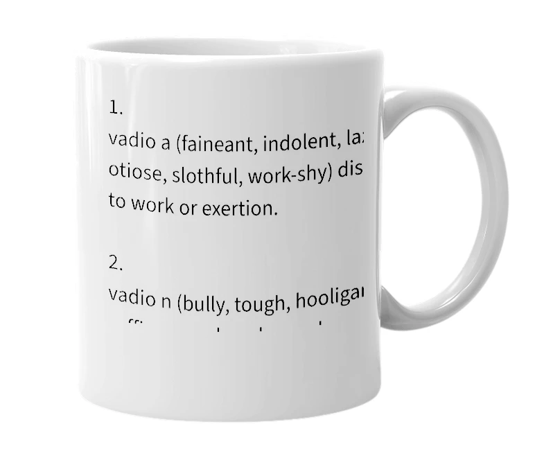 White mug with the definition of 'vadio'