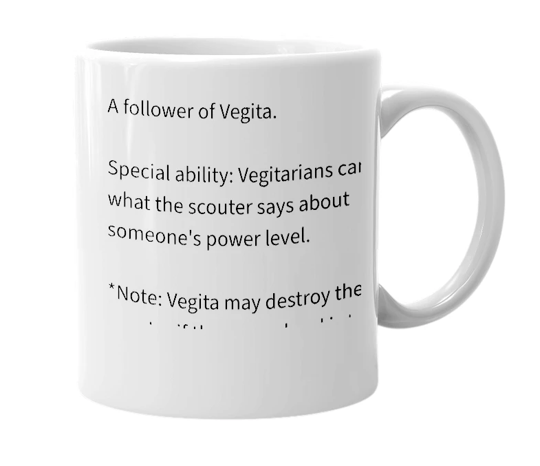 White mug with the definition of 'vegitarian (n)'