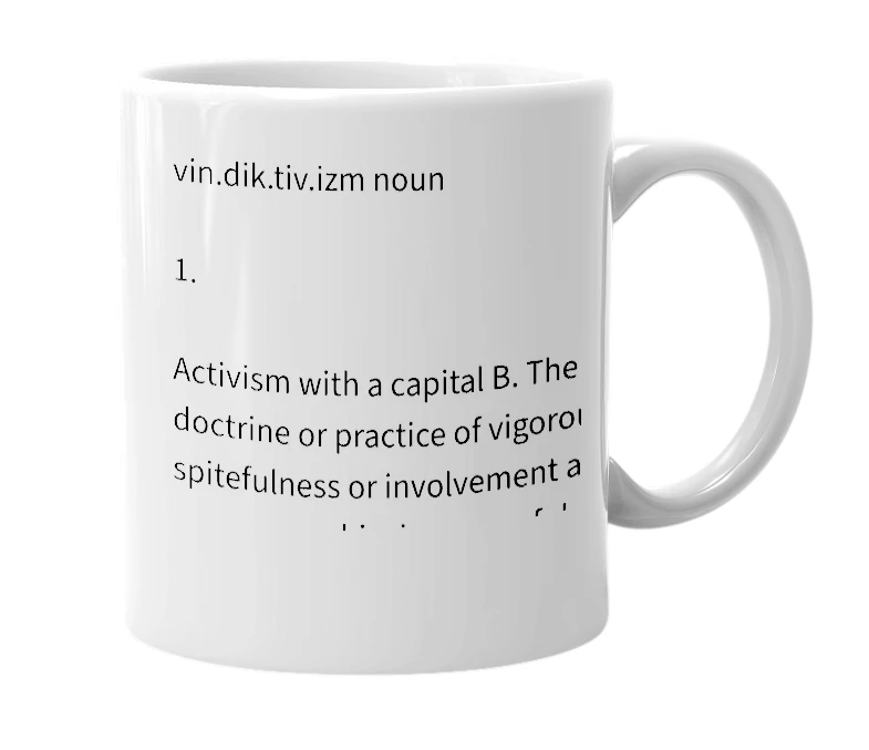 White mug with the definition of 'vindictivism'
