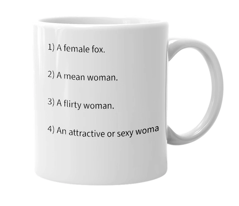 White mug with the definition of 'vixen'