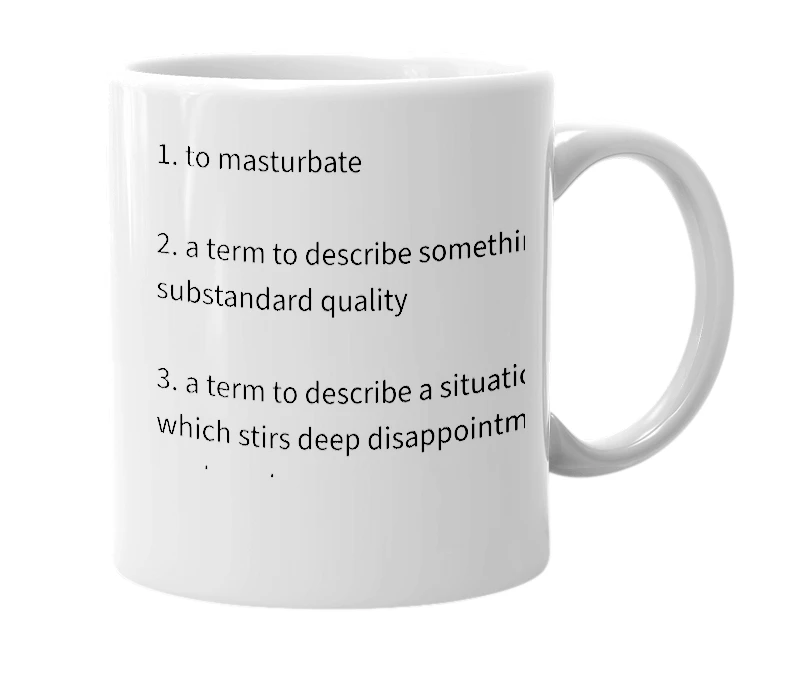 White mug with the definition of 'wank'