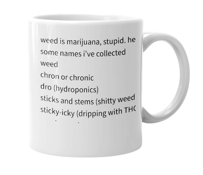 White mug with the definition of 'weed'