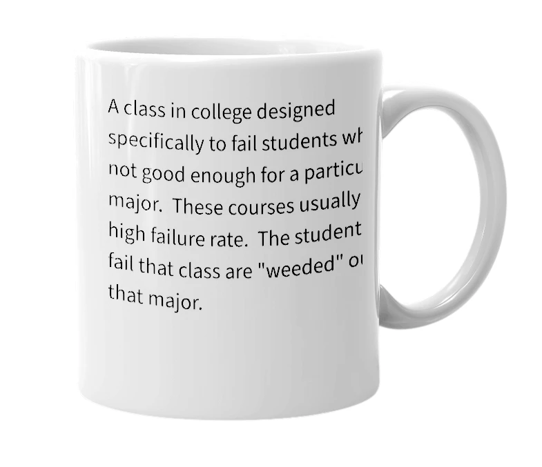 White mug with the definition of 'weeding class'