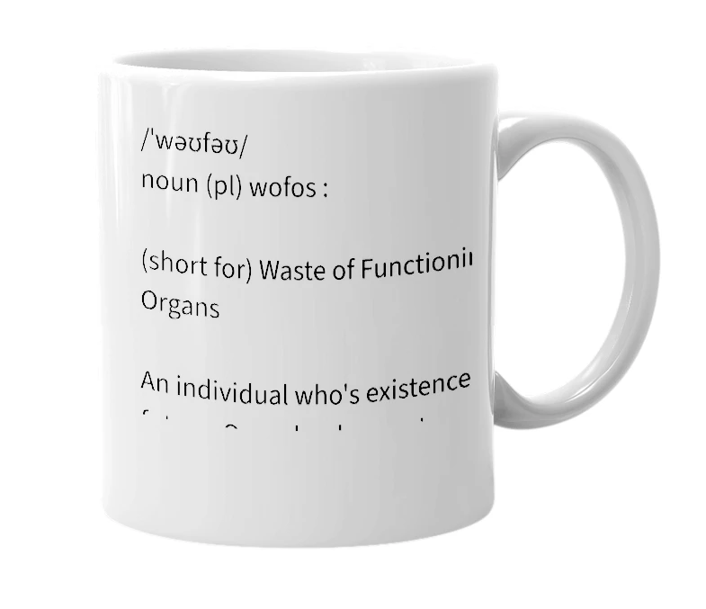 White mug with the definition of 'wofo'