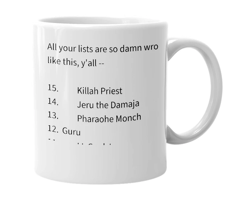 White mug with the definition of 'world's best rappers list'