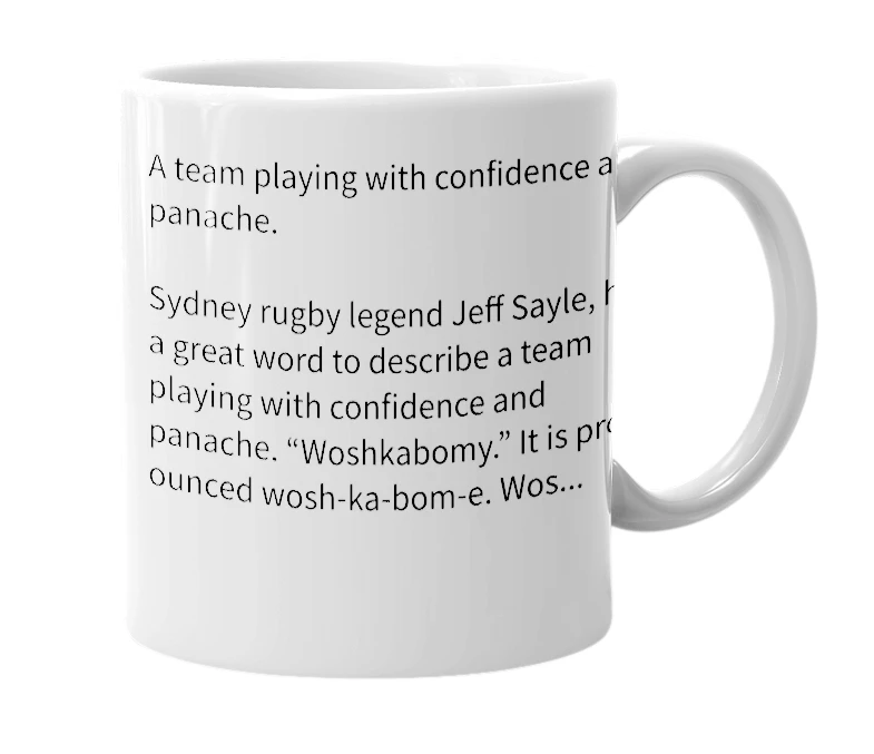 White mug with the definition of 'woshkabomy'