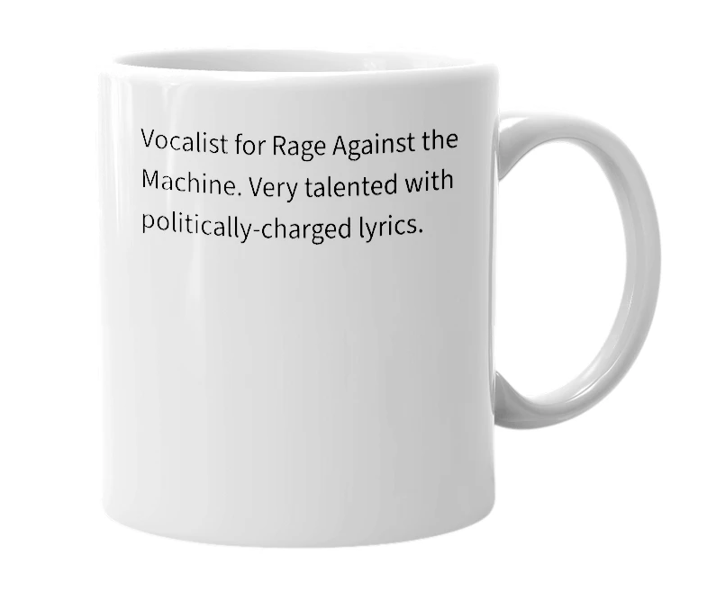 White mug with the definition of 'zach de la rocha'