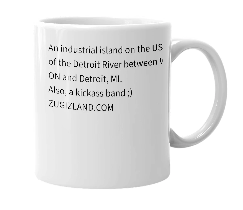 White mug with the definition of 'zug island'