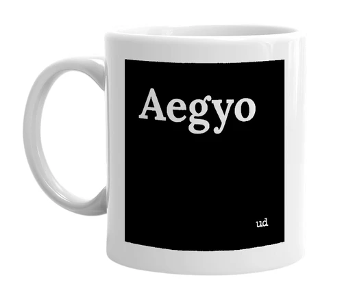 White mug with 'Aegyo' in bold black letters