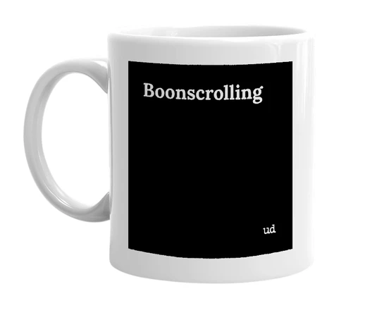 White mug with 'Boonscrolling' in bold black letters