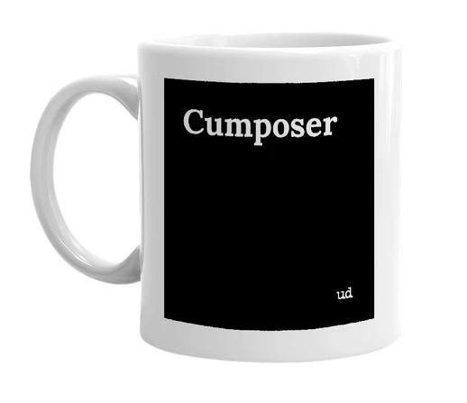 White mug with 'Cumposer' in bold black letters