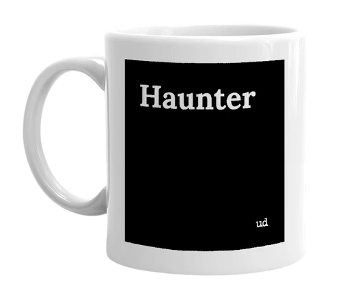 White mug with 'Haunter' in bold black letters