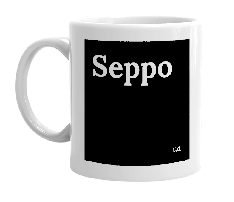 White mug with 'Seppo' in bold black letters