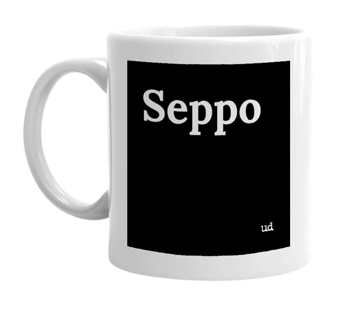 White mug with 'Seppo' in bold black letters