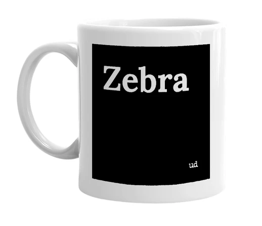 White mug with 'Zebra' in bold black letters