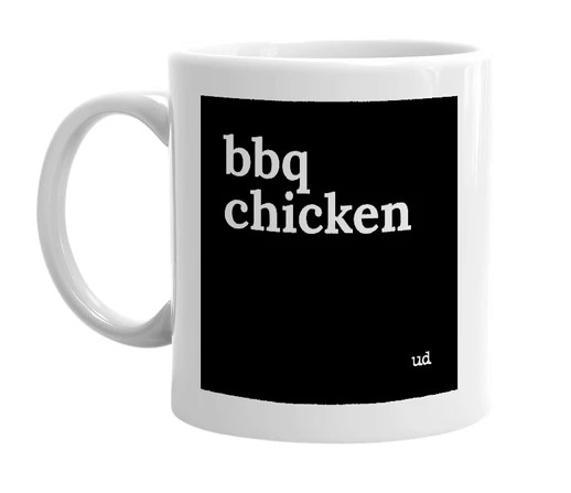 White mug with 'bbq chicken' in bold black letters