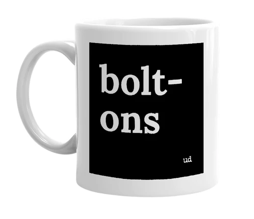 White mug with 'bolt-ons' in bold black letters