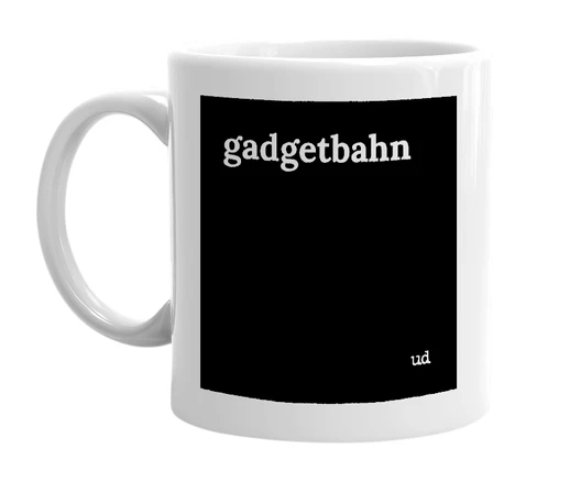 White mug with 'gadgetbahn' in bold black letters