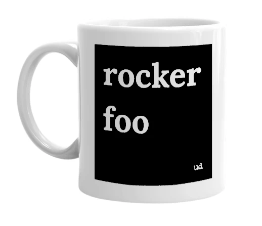 White mug with 'rocker foo' in bold black letters
