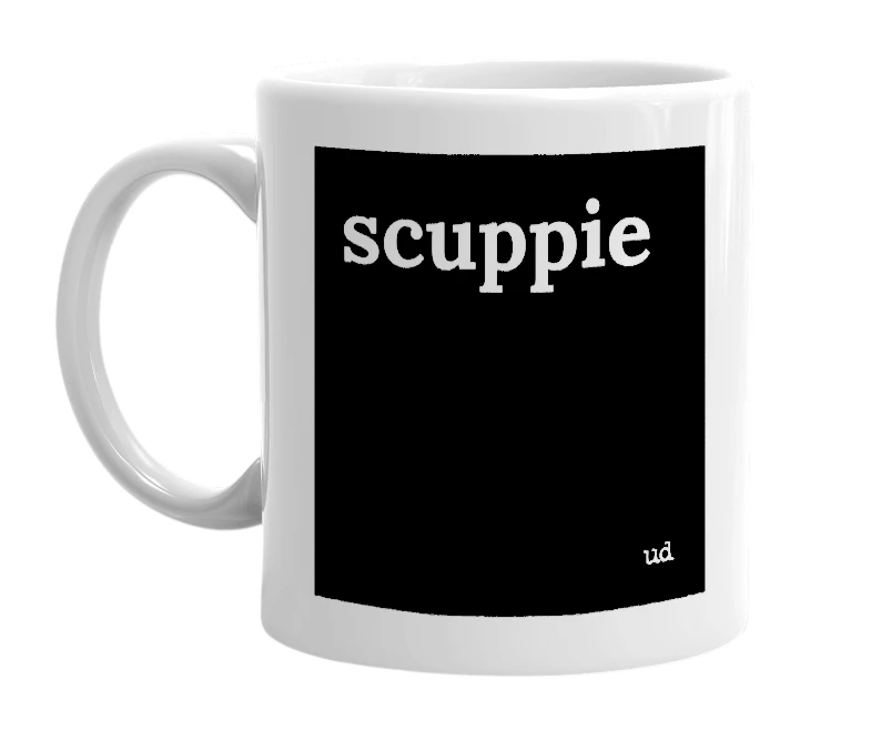 White mug with 'scuppie' in bold black letters