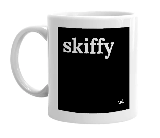 White mug with 'skiffy' in bold black letters