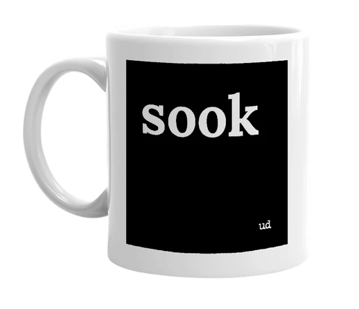 White mug with 'sook' in bold black letters