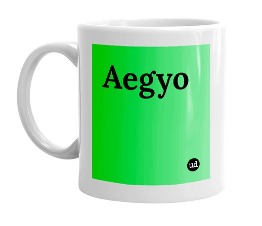 White mug with 'Aegyo' in bold black letters