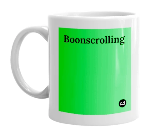 White mug with 'Boonscrolling' in bold black letters