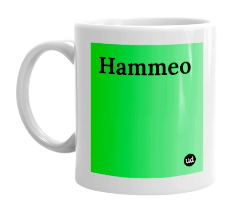 White mug with 'Hammeo' in bold black letters