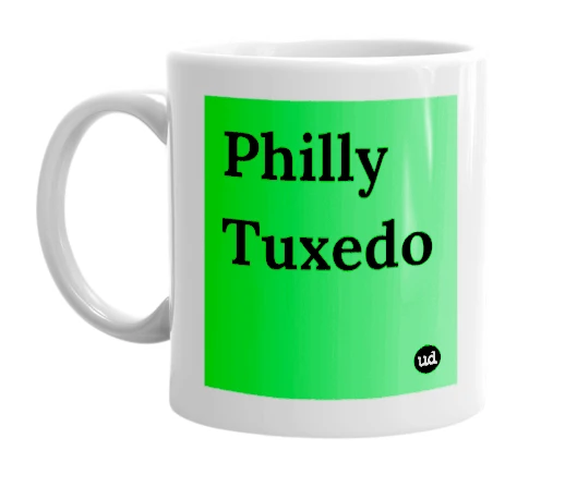 White mug with 'Philly Tuxedo' in bold black letters