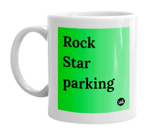 White mug with 'Rock Star parking' in bold black letters