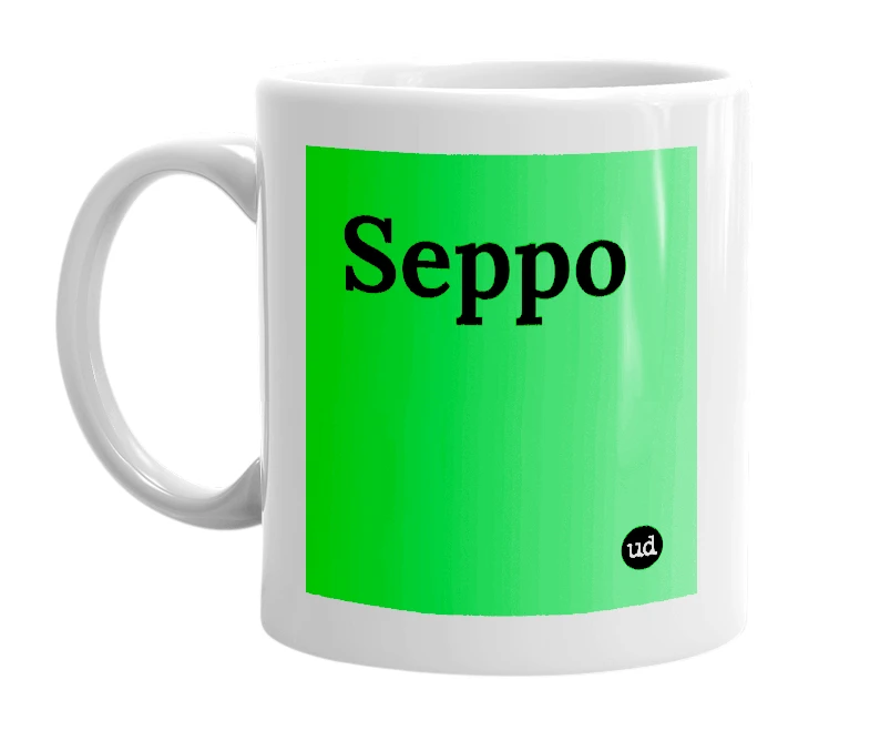 White mug with 'Seppo' in bold black letters