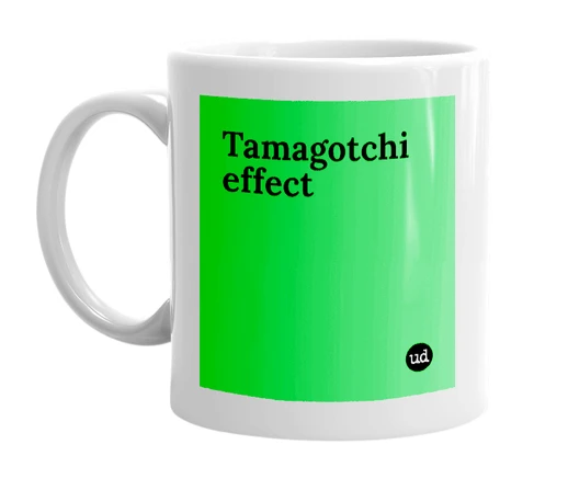 White mug with 'Tamagotchi effect' in bold black letters