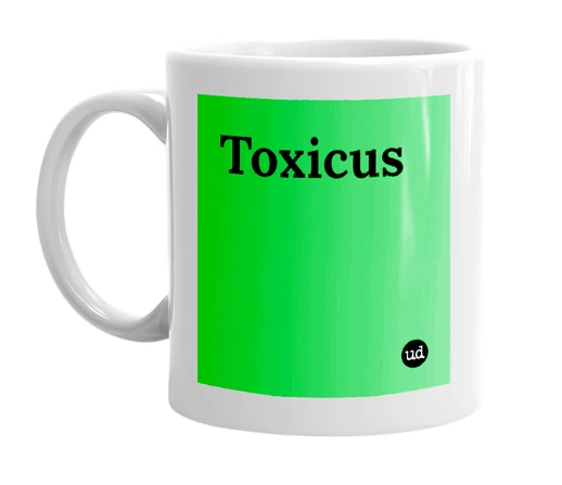 White mug with 'Toxicus' in bold black letters