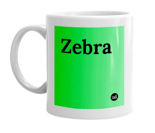 White mug with 'Zebra' in bold black letters