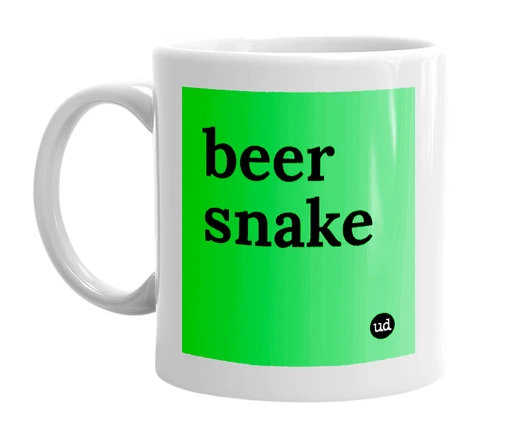 White mug with 'beer snake' in bold black letters