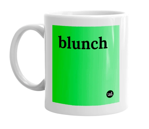 White mug with 'blunch' in bold black letters
