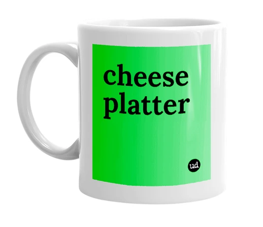 White mug with 'cheese platter' in bold black letters