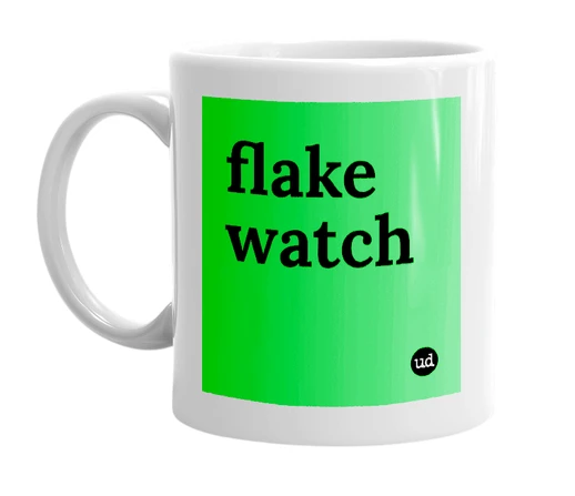 White mug with 'flake watch' in bold black letters