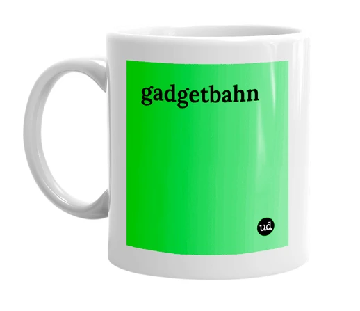 White mug with 'gadgetbahn' in bold black letters