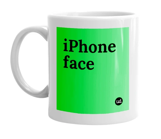 White mug with 'iPhone face' in bold black letters