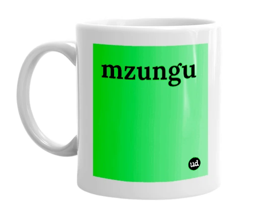 White mug with 'mzungu' in bold black letters